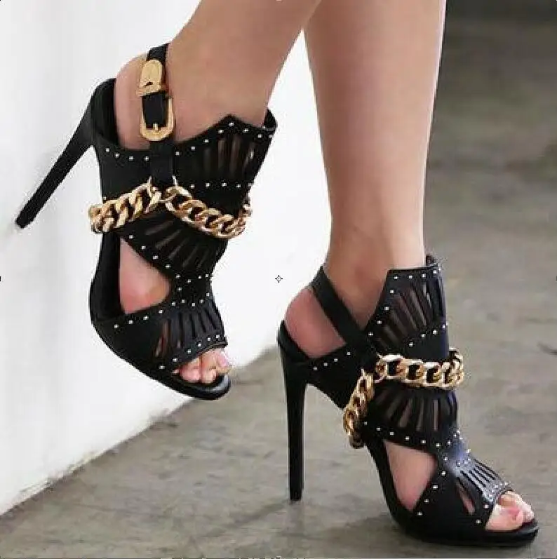 

Hot Sexy Fashion Black Split Leather Chain Shoes Peep Toe Thin Heels Women's Shoes Back Strap Big Size Women's Sandals