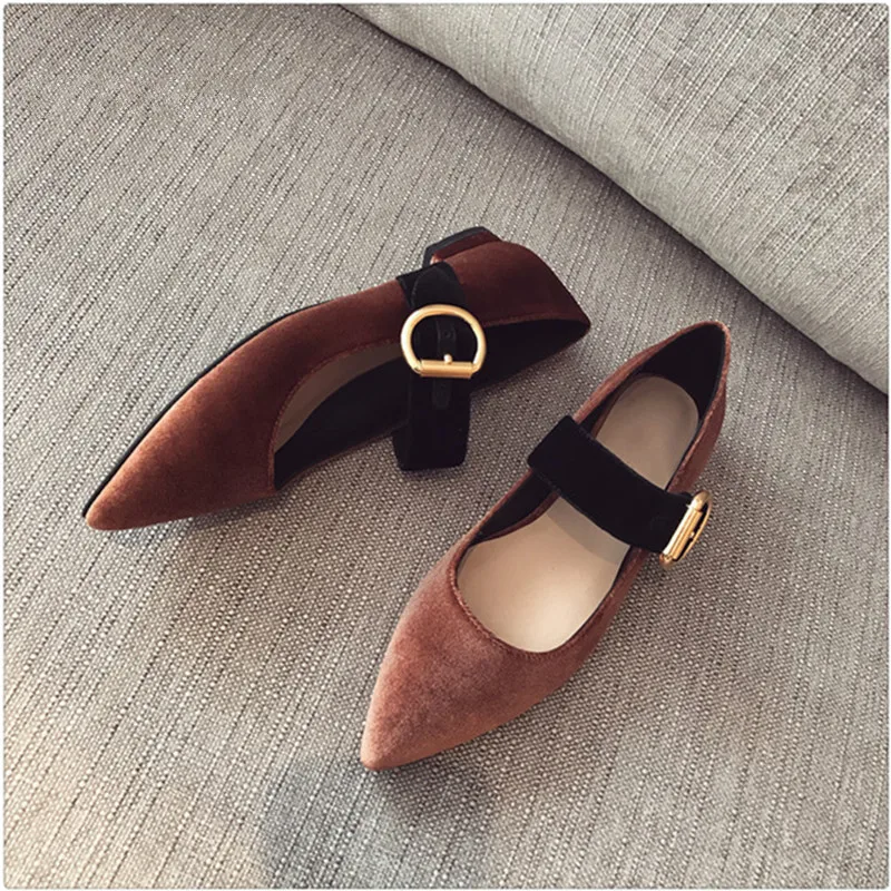 

2017 Spring Velvet Fabric Mary Jane Women Flats Retro Shallow Single Shoes Red Black Brown Pointed Toe Buckle Woman Shoe