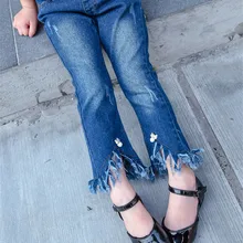 Детские джинсы леггинсы для девочек детские джинсовые штаны весенняя одежда потертые брюки с кисточками модные леггинсы универсальная одежда для девочек