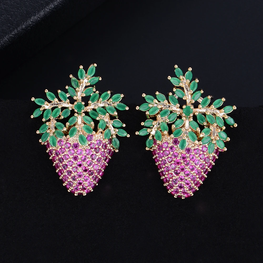 

Lovely Vivid Strawberry Stud Earrings Full Micro Cubic Zirconia Pave For Women Girls