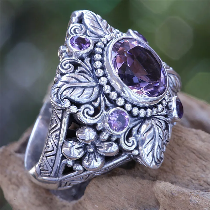 

Modyle 2019 Vintage Thai silver Color Flower and Leaf Shaped Big Ring for Woman with Purple CZ Stone