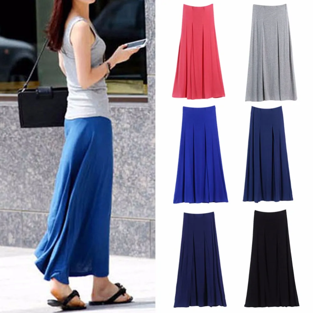 

2018 NEW Women Spring Summer Solid Plus Size A-line Modal Long Casual Pleated Skirts