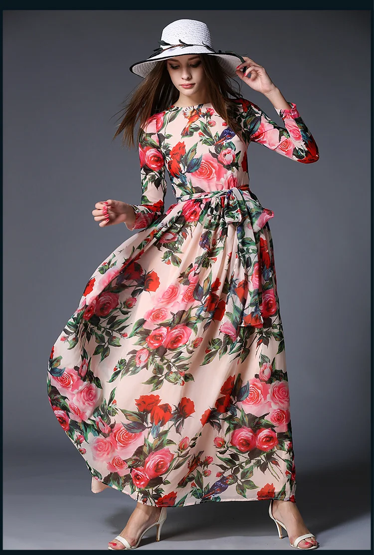 2018 Long Sleeve O Neck Floral Print Maxi Dresses Women Maxi Chiffon ...