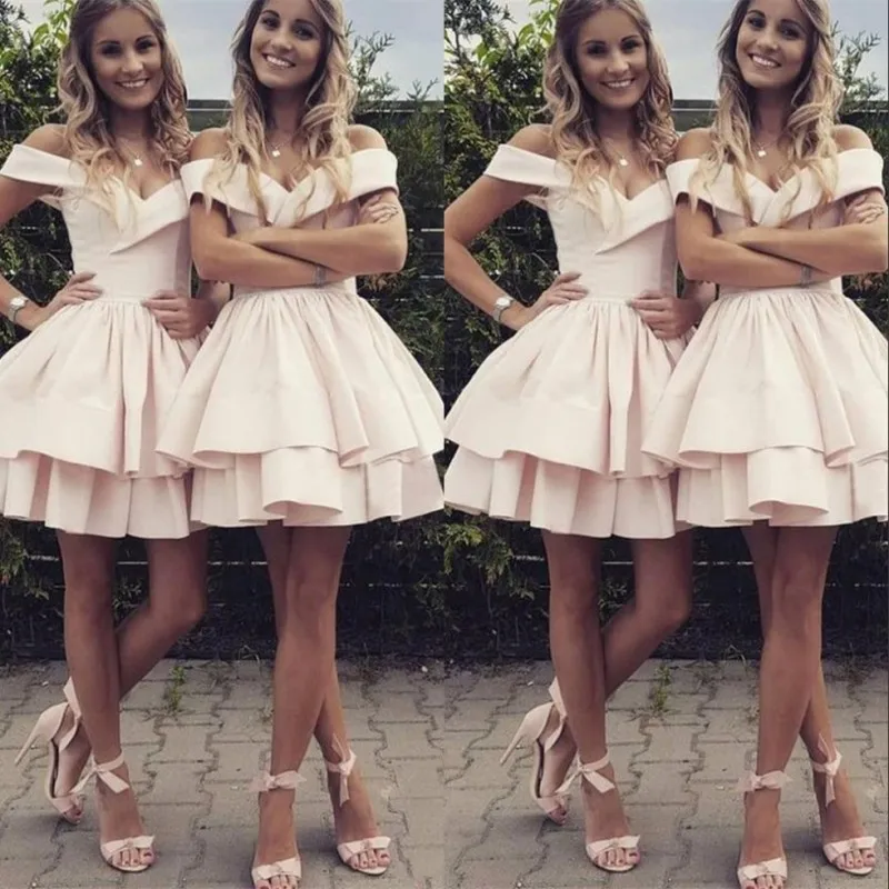 

Pink Short Bridesmaid Dress Off The Shoulder Stain 2018 New A Line Tiered Skirt Wedding Guests Girls Prom Party Formal Gown