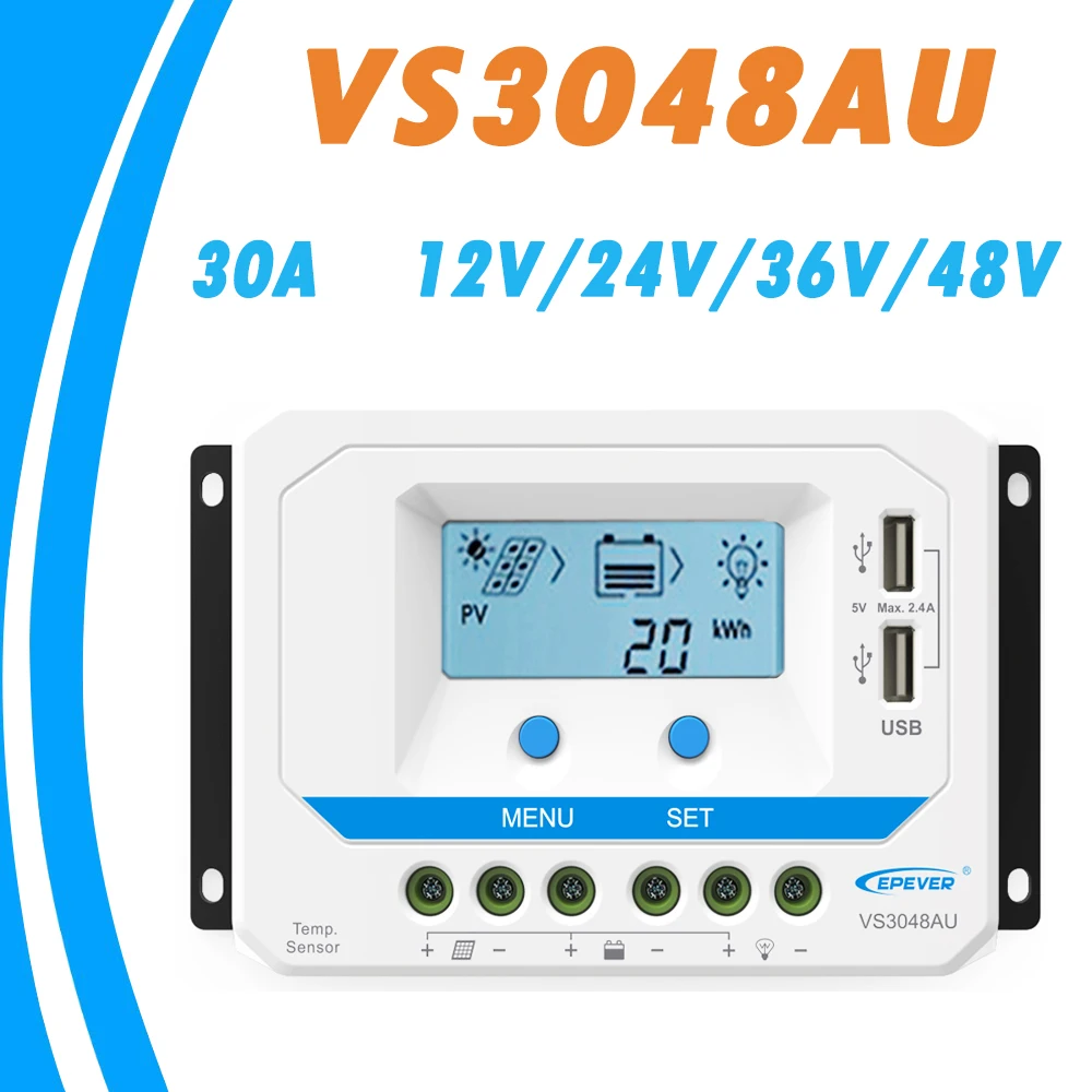 Tanie EPEVER 30A kontroler słoneczny 12V 24V 36V 48V Auto VS3048AU PWM kontroler ładowania z wbudowanym wyświetlaczem LCD i podwójne usb 5V Port