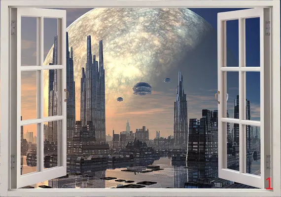 

3D Window View WALL STICKERS City of the Future Wall Decal Sticker Frame Mural Effect Home Decor Bedroom Living Room Kitchen