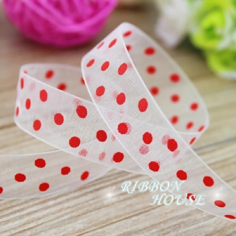 

(10 yards/lot) red printed organza ribbon colored dots gift wrap decoration ribbons