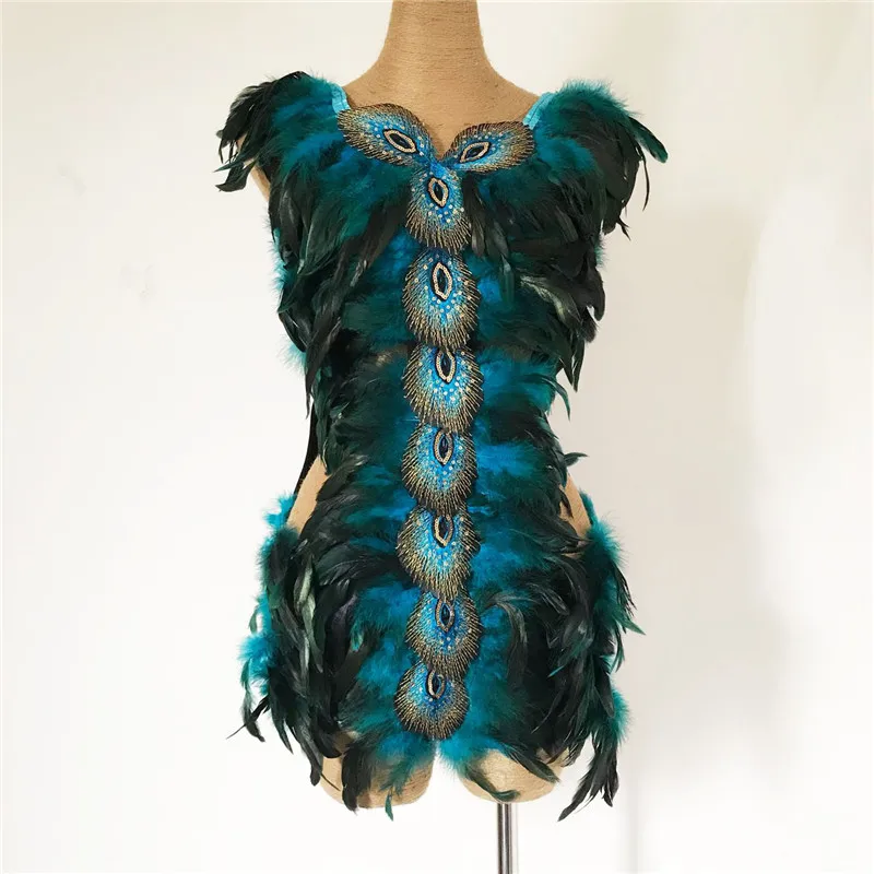 رقيق فو الطاووس الريش Playsuits المرأة مثير الجوف خارج داخلية الأزياء المرحلة الأداء زي حللا حزب Clubwear