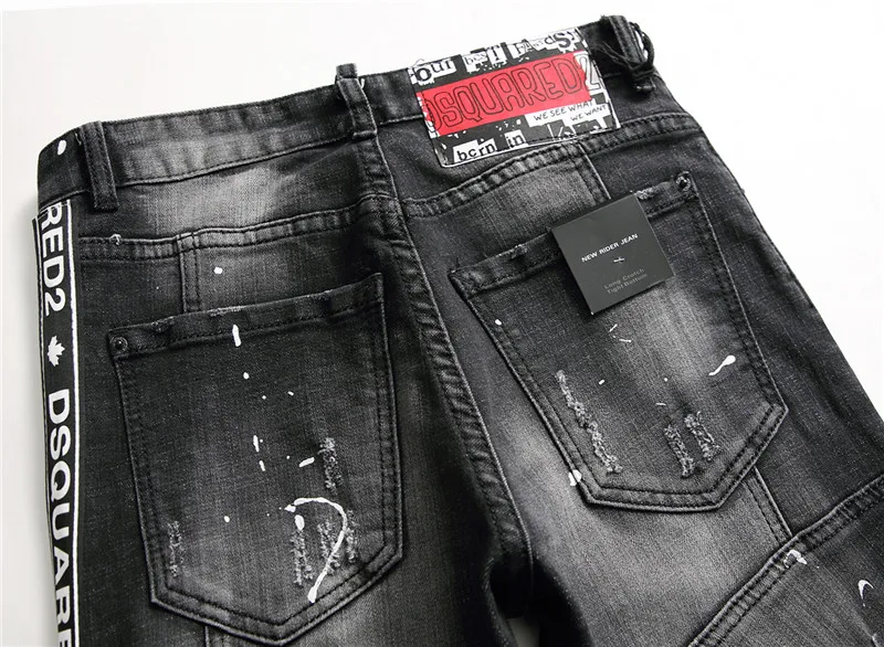 New jeans men trousers male ribbon stretch jeans modis ripped homme splice men clothes 2018 streetwear 4