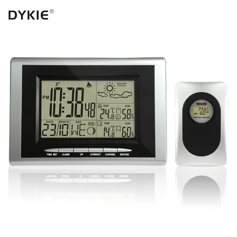 

DYKIE Digital Alarm Clock Thermometer Hygrometer Wireless Weather Station with Indoor Outdoor temperature humidity meter Sensor