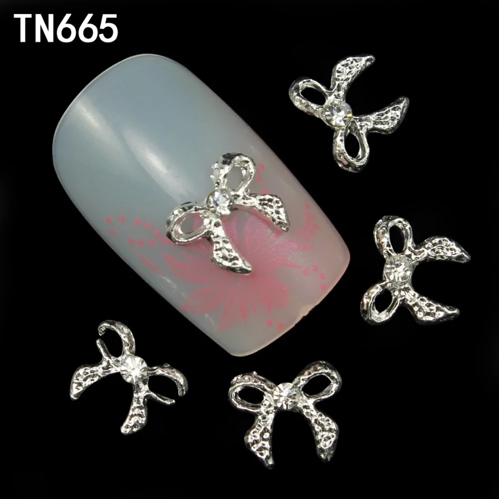 

Blueness 10pcs Alloy Silver Glitter 3d Nail Bows Art Decorations With Rhinestones Nail Charms,Jewelry on Nails Supplies TN665