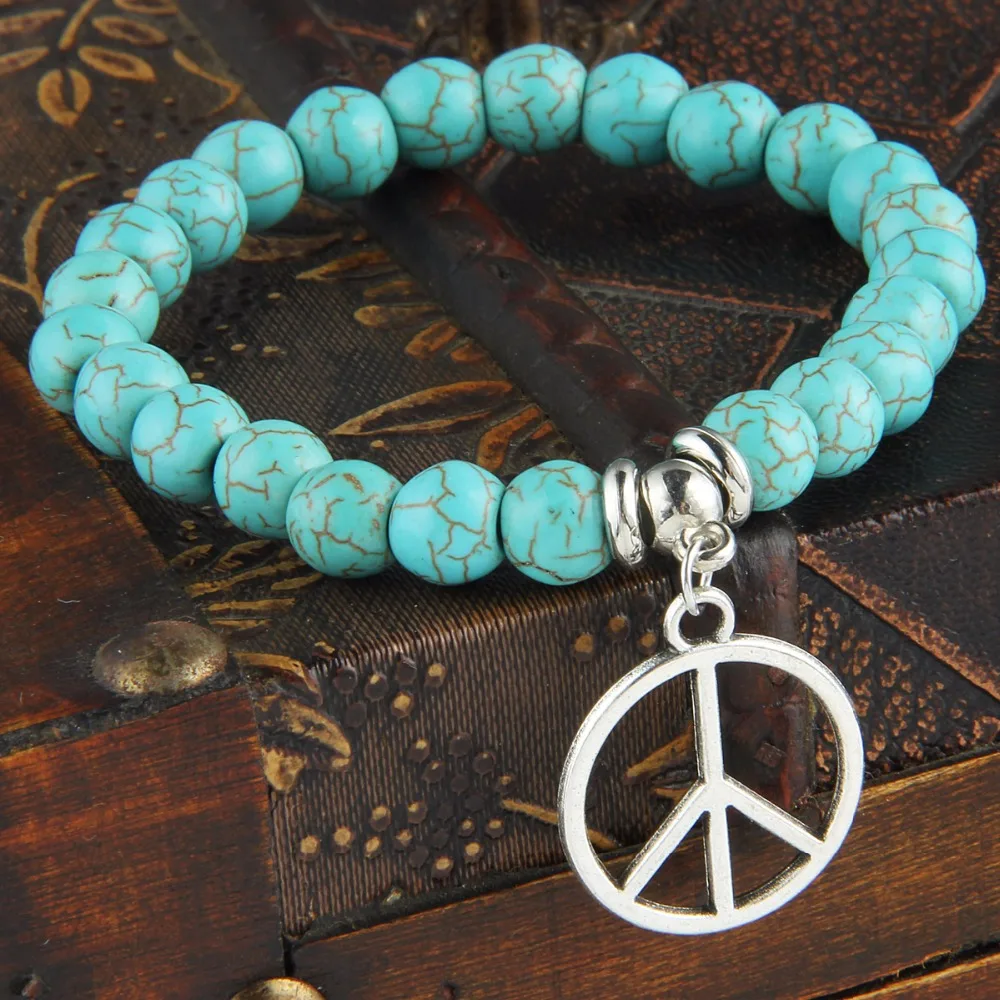 12PC/Lot Fashion Peace Sign Charms Bracelet Natural Stone Beads Peace Symbol Bangle Women Men
