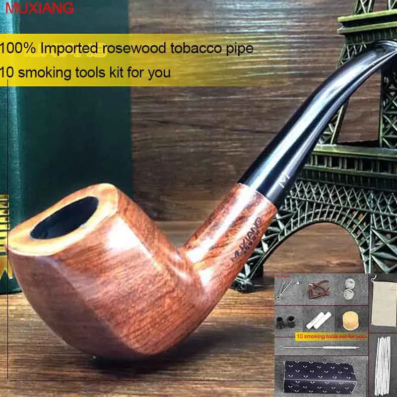 

MUXIANG 10Tools Kit Men kevazingo wood Tobacco Pipes 9mm Filter Solid Wood Bent Smoking Pipe for Beginner Masculine Gift ad0020