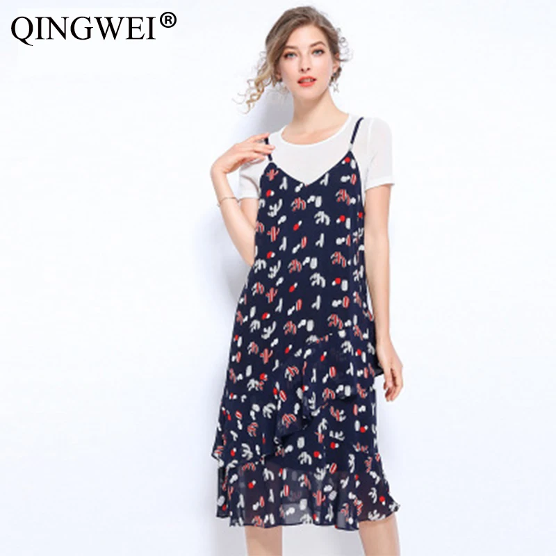

2019 T-shirt large size women's summer new chiffon printing strap set dress female L-5XL