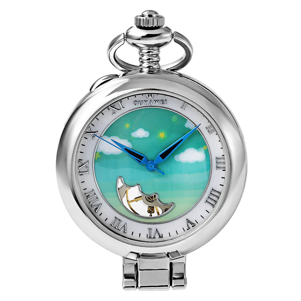 

OUYAWEI Mechanical Men Pocket Watch Star and Cloud Pattern Dial Watch with Chain Kids Children Birthday Xmas Gifts fob