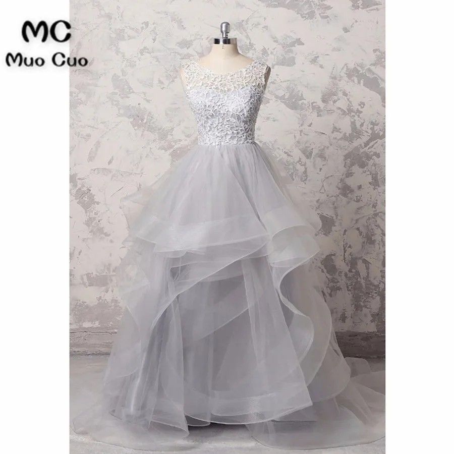 Gray tulle scoop neck long ruffles evening dress, long lace top senior prom dress