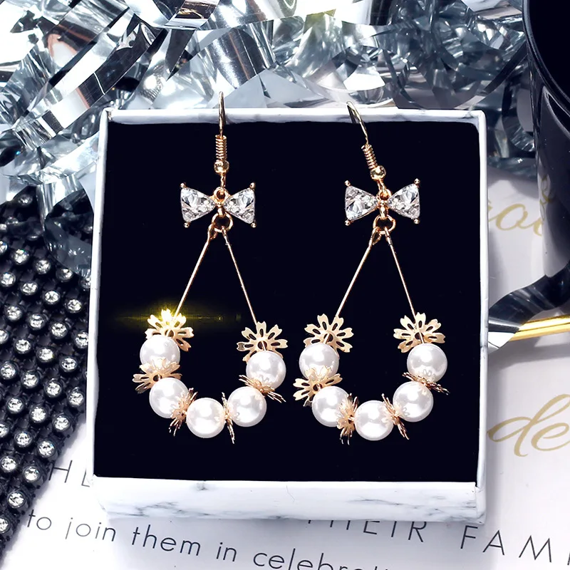 

Pearl Bow Earrings Female Korea Dongdaemun Zircon ins Girl Heart Stud Earrings Crystal Earrings