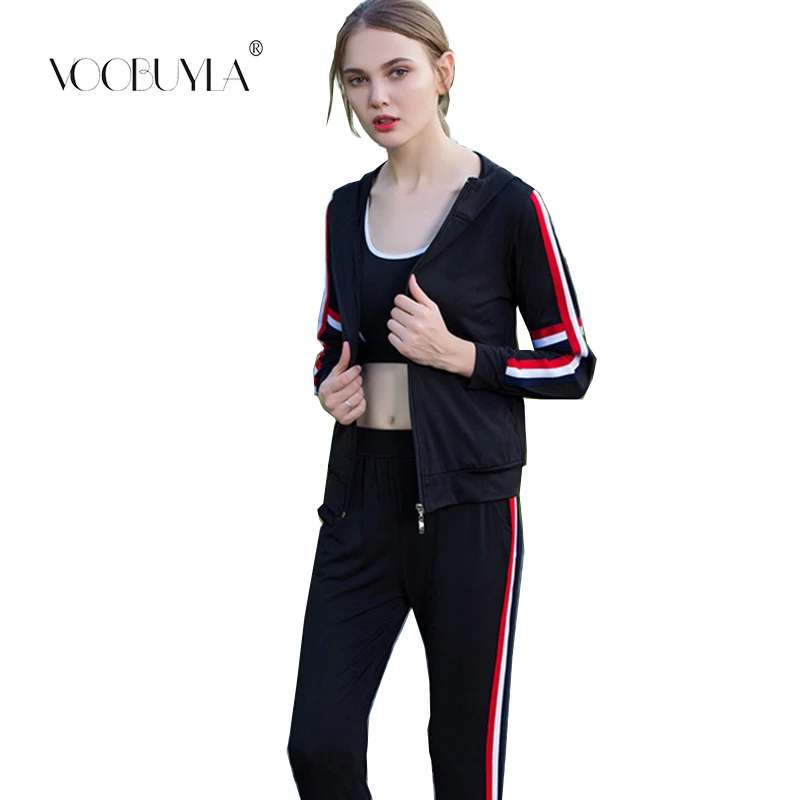 Voobuyla Весна Спортивный костюм для женщин куртка+ брюки для девочек комплект для бега костюмы на молнии в полоску Топ, Рубашка Йога комплект бег
