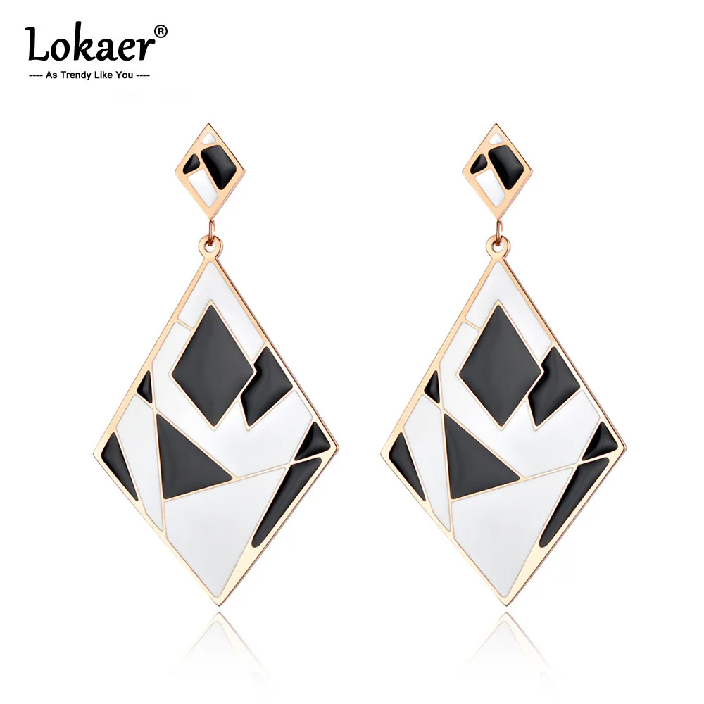 Lokaer модные ювелирные изделия большие ромбовидные серьги черная/белая глазурь сшивание из нержавеющей стали розовое золото цвет серьги гиперболы E18096
