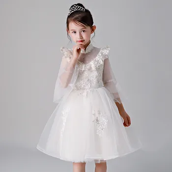 

2018 New Baby Kids Beige Color Birthday Wedding Party Ball Gown Princess Prom Dress Toddler Girls Piano Tutu Prom Flowers Dress
