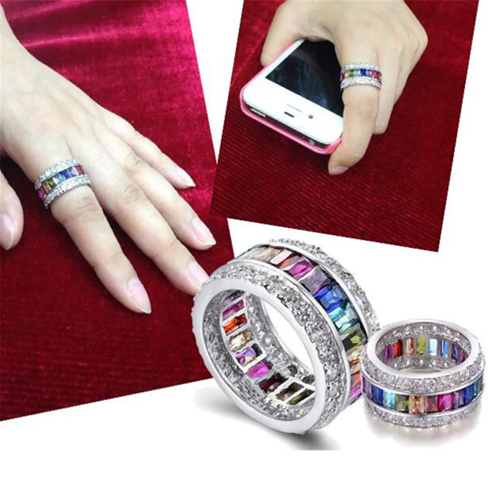 Luxury Female Male Multicolor Zircon Round Wedding Ring Silver Filled Pave Square Colorful Crystal Rings for Women Stone Jewelry