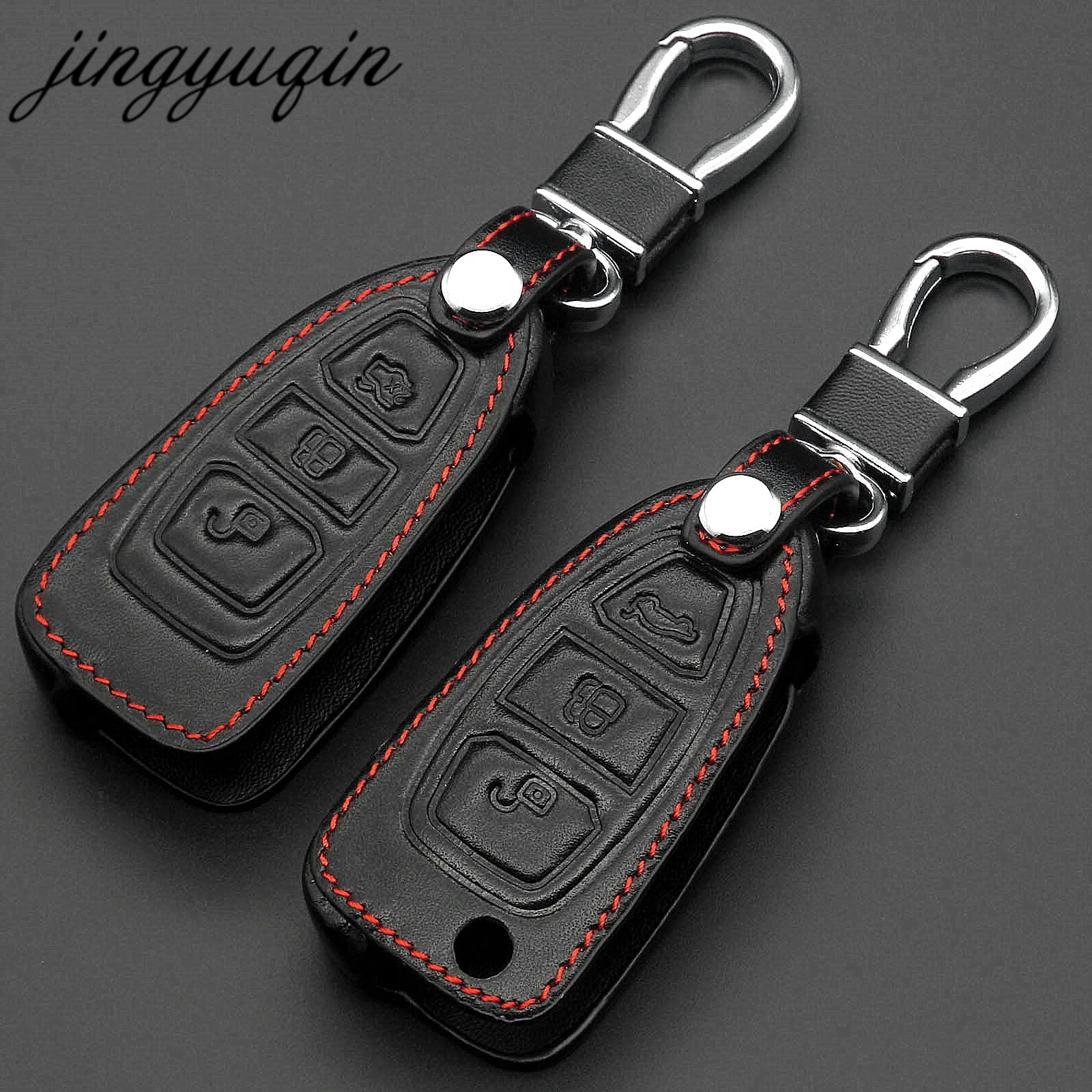 

jingyuqin Leather Key Chain Ring Cover for Ford Focus 2 MK2 Fiesta kuga Ecosport Key Case Holder Protector