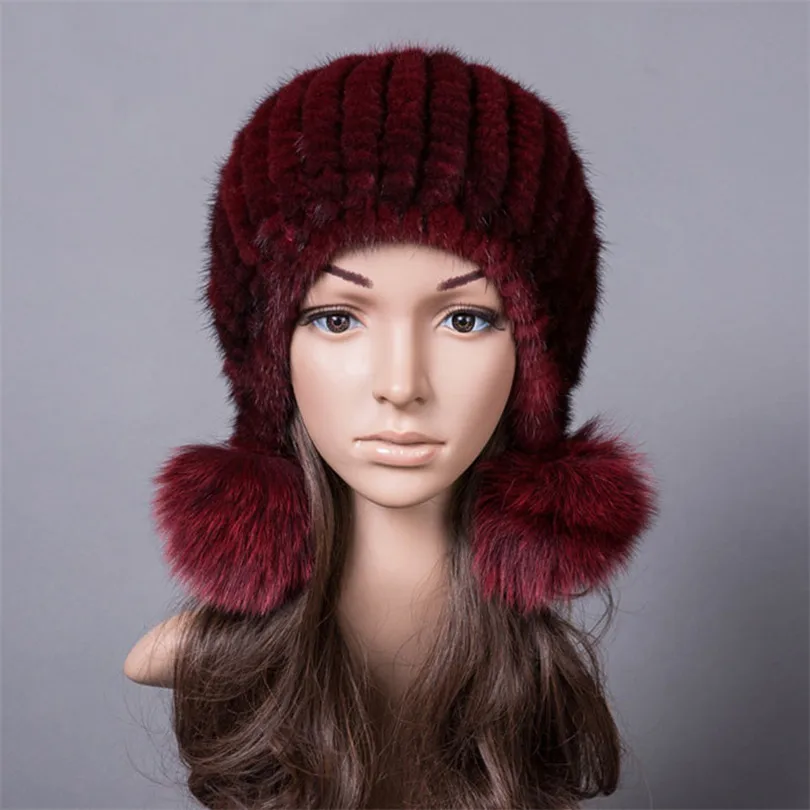 Меховая шапка из натуральной норки для женщин, зимние вязаные шапки бини с лисьим мехом, помпоны из натурального меха норки, толстые женские зимние шапки - Цвет: Wine Red