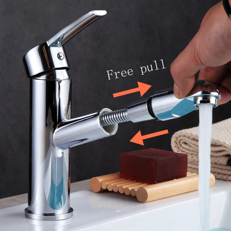 Full copper basin faucet round bathroom retractable bathroom cabinet pull type bathroom hot and cold mixed faucet