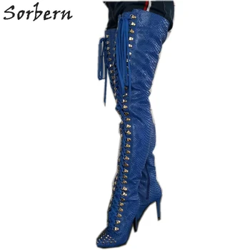 

Sorbern Python Lace Up Crotch Thigh High Boots Women High Heels Pointed Toe Stilettos Rivet Womens Big Size Thigh High Boots