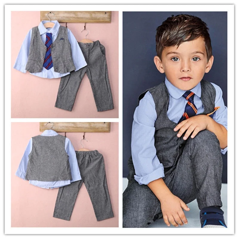 Костюм маленького джентльмена из 4 предметов хлопковый жилет+ рубашка+ брюки+ галстук, праздничный костюм маленького джентльмена для маленьких мальчиков