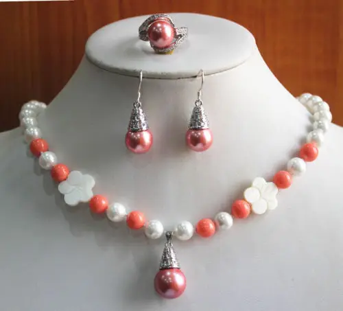 

07603 Pink/Orange Pearl Necklace Earring Ring Jewelry Set