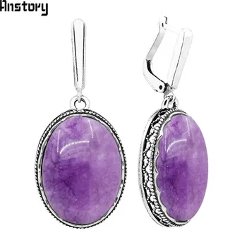 

Natural Oval Violet Stone Earrings For Women Vintage Antique Silver Plated Party Hollow Flower Pendant Jewelry TE408