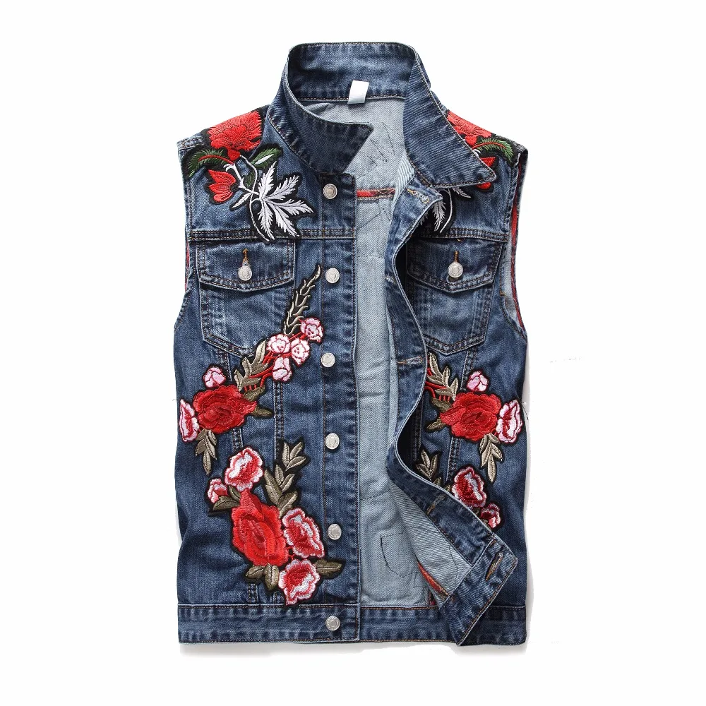 Classic Vintage Men's Jeans Vest Sleeveless Jackets Fashion Patch Designs Punk Rock Style Ripped