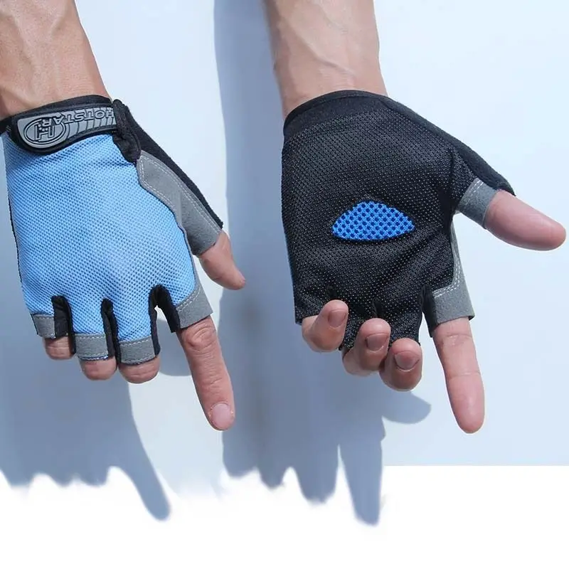 Спорт на открытом воздухе с открытыми пальцами Гелевые перчатки для мужчин женщин тренажерный зал фитнес тяжелая атлетика Бодибилдинг тренировки бег тренировка - Цвет: Sky Blue