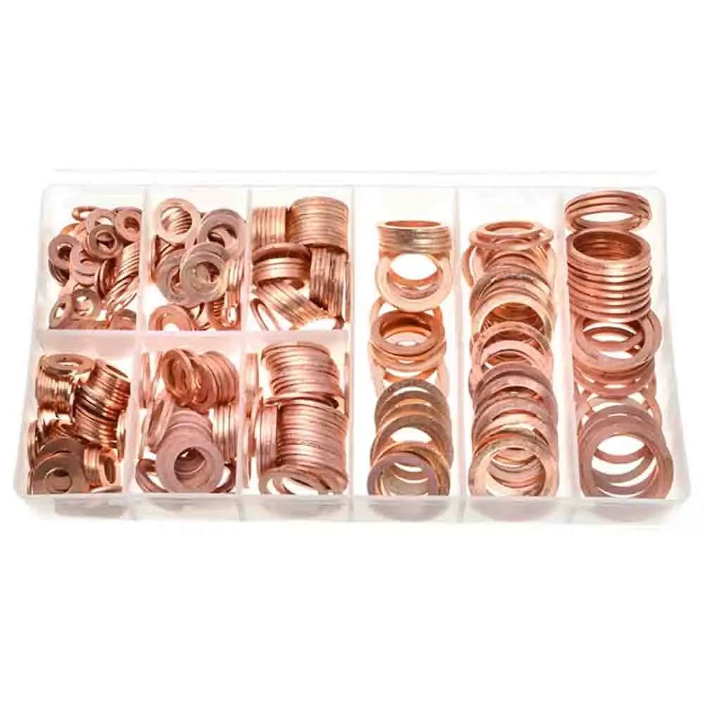 

400Pcs 9 sizes type Solid Copper Washers Sump Plug Assorted Washer Set Plastic Box for Engines Marine Generators Machinery