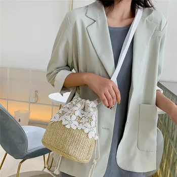 

Ladies' Bucket Shoulder Bag New Lace Soild Color Straw Woven Handbag Women Rattan Wricker Crossbody Handy Storage Pack Hot Sale