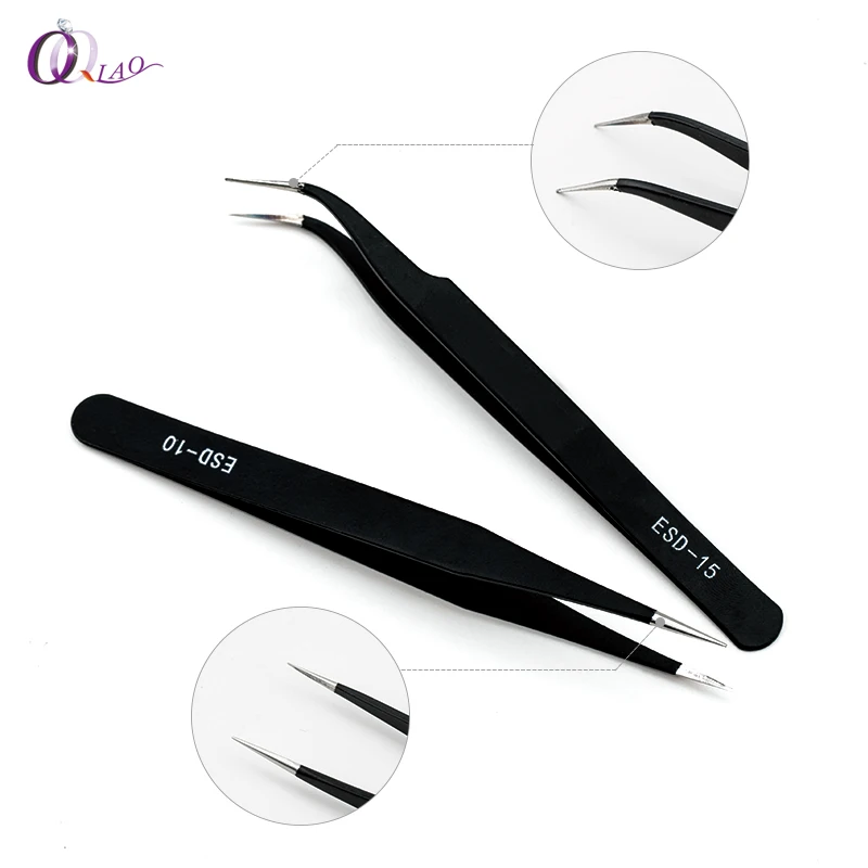 

QIAO 2piece/set Black Anti-static Curved Straight Tip Forceps Precision Soldering Tweezers Set Electronic Tweezers Sewing Tool