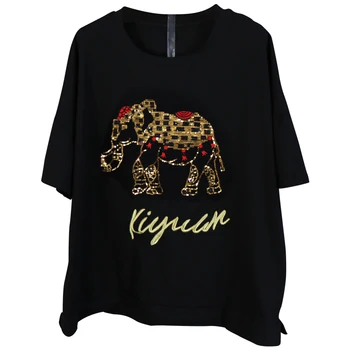 

Elephant Sequined Embroidery Cotton Tshirts New Summer Fashion O Neck Short Sleeve Pullover for Women Loose Casual Top Oversize