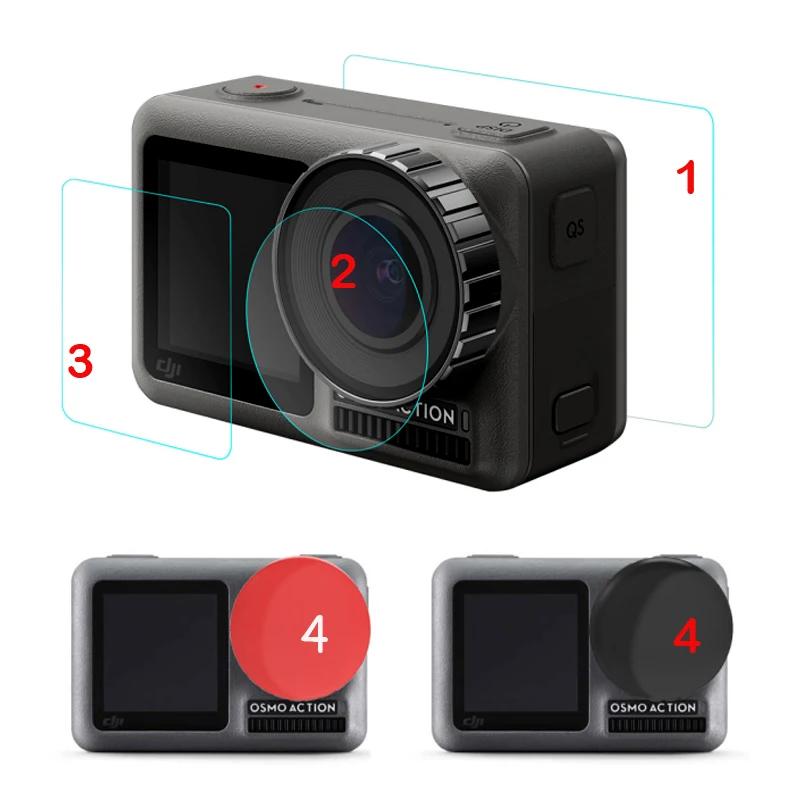 

4in1 DJI Osmo Action Silicone Lens Cap Tempered Glass Protective Screen Film Lens Film for DJI OSMO ACTION Camera Accessories