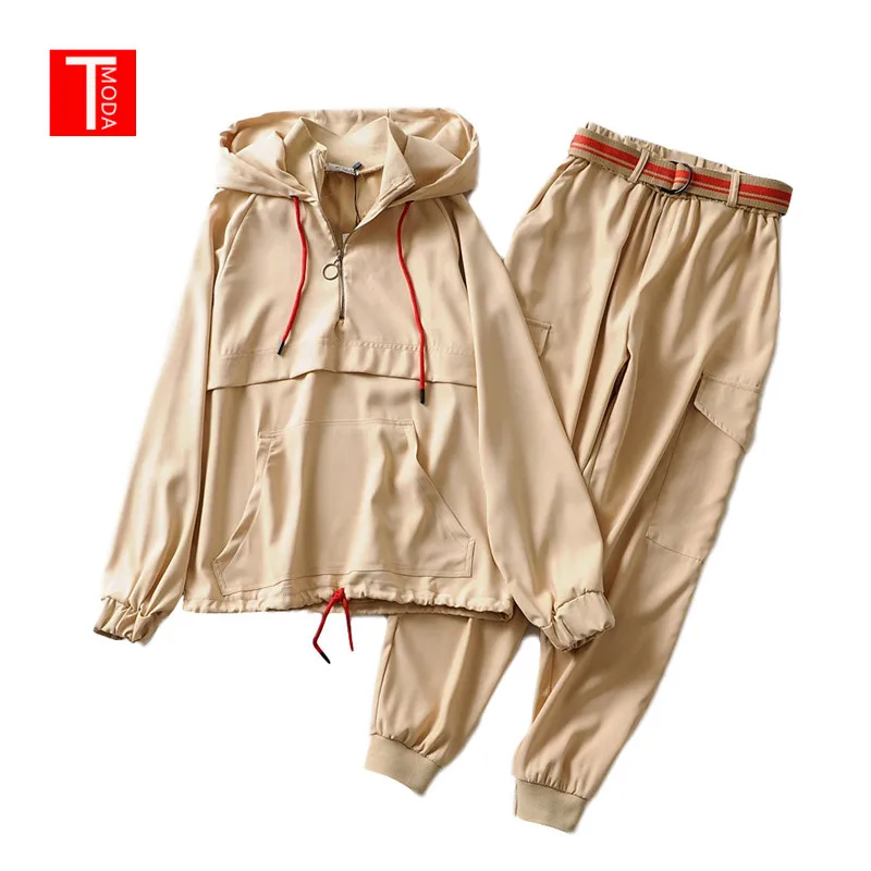 

Set Female Vintage Khaki Contrast Color Baseball Bomber Pullover Jacket Women Tops and Pencil Jogging Pants Suits Two Piece Sets