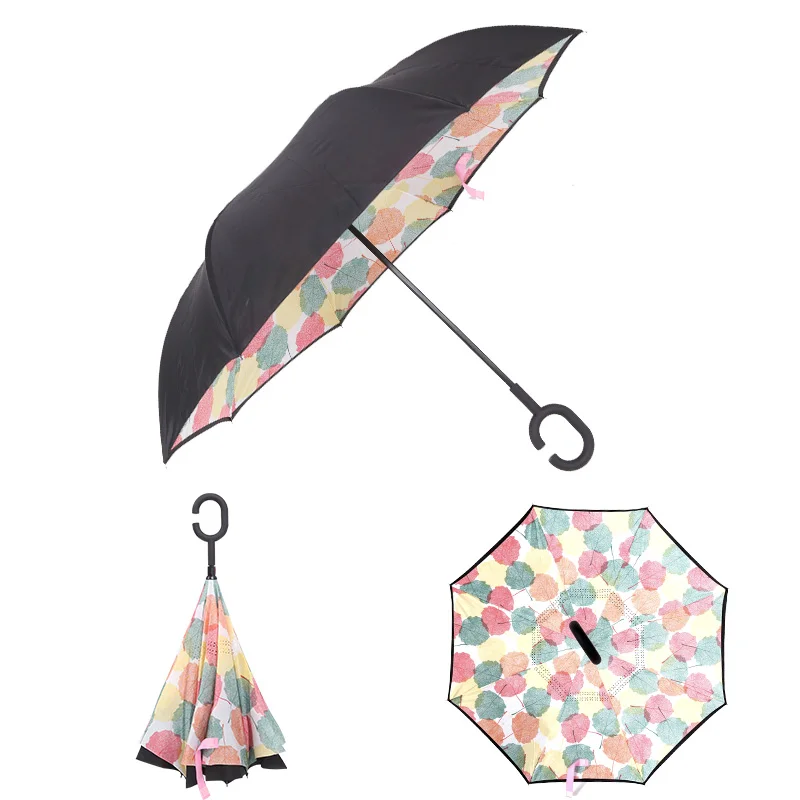 

Windproof Reverse Folding Double Layer Inverted Rain Umbrella Self Stand Rain Protection C-Hook Hands For Car