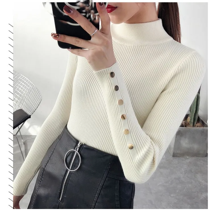 2018 11 Colors Autumn Women Button Turtleneck Knitted Pullovers Full Casual Long Sleeve Solid Basic Sweaters Sweaters