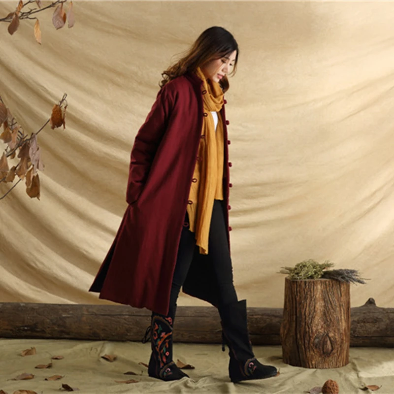 Lovers' Unisex Trench Coat Men Winter Long Jacket Cotton-padded Traditional Chinese Cloth