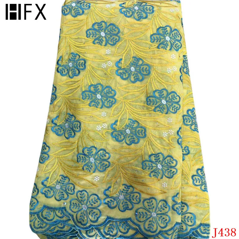 

HFX 5 Yards Swiss Voile Lace Fabric 2019 Yellow High Quality Nigeria African Embroidered Cotton Lace Fabric with Stones L438