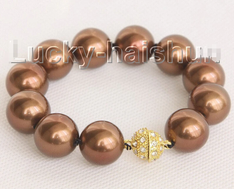 

FREE shipping>>>>8" 16mm round coffee south sea shell pearls Bracelet magnet clasp j10442