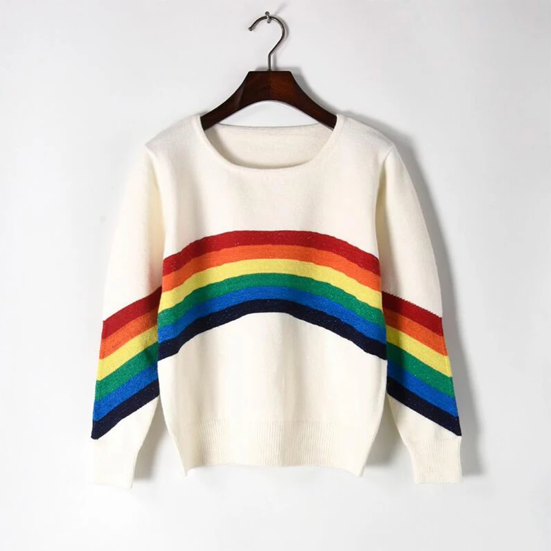 Свободные пуловеры свитер Зима Для женщин трикотажные пуловеры Радуга взлетно-посадочной полосы дизайн свитер в стиле пэчворк