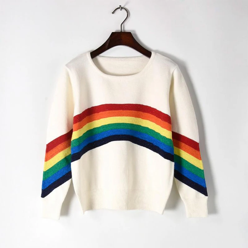 

Loose Pullovers Sweater Winter Women Knitted Pullovers Rainbow Runway Design Patchwork Sweater