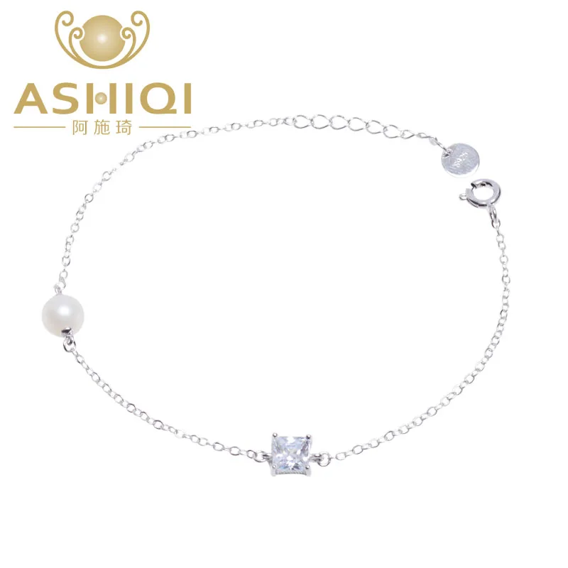 ASHIQI пресноводные жемчужные браслеты для женщин 925 Стерлинговое Серебро Браслеты с подвесками и браслеты жемчужные ювелирные изделия подарок - Цвет камня: Белый