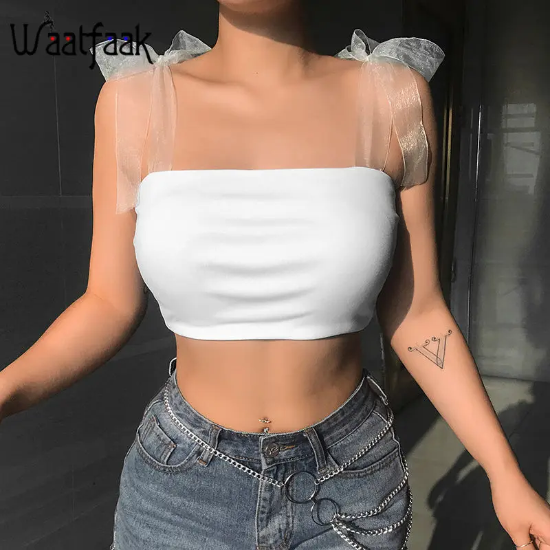 

Waatfaak Bandage Straps Solid White Top Ladies Summer Beach Camisole Tank Top Sleeveless Women Bralette Crop Tops Backless Camis
