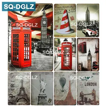 

[SQ-DGLZ] New London-Paris Tin Sign British Building Bar Wall Decor Club Metal Crafts Home Decor Painting Plaques Art Poster
